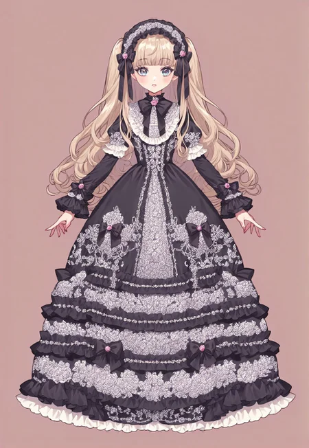 ((fullbody)) 1girl, lolita_fashion, hyperdetailed clothing and fashion, detailed dress, ornate dress, print dress, bow, ribbon, lolita_hairband, frills, ruffles, hair ribbon, hair ribbons