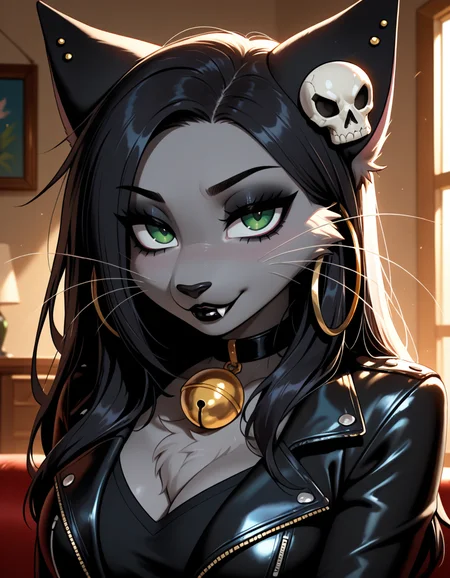 masterpiece, best quality, very aesthetic, absurdres,
indoors,
headshot,
black shirt, leather jacket,
seductive smile, parted lips, long eyelashes,
<lora:Mara Rosi_v01_NAIXL:1>
MaraRos1,1girl,solo,furry,furry female,cat girl,cat ears,hoop earrings,piercing,long hair,black hair,skull hair ornament,green eyes,makeup,eyeshadow,snout,animal nose,whiskers,black lips,fang,neck bell,jewelry,body fur,two-tone fur, grey fur,black fur,