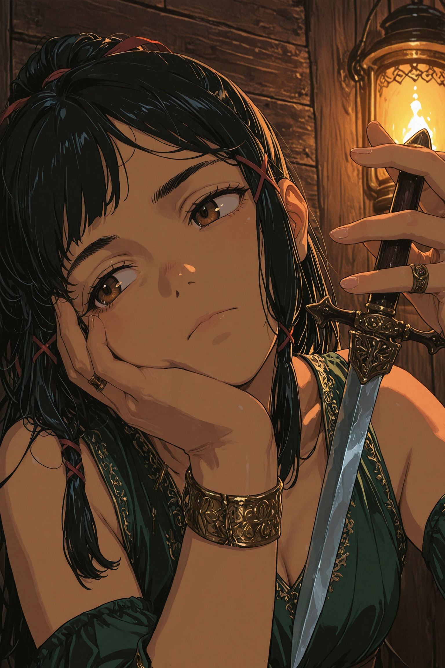 1girl, solo, black hair, long hair, high ponytail, hair ribbon, x hair ornament, long sidelocks, thick eyebrows, brown eyes, detailed eyes, closed mouth, 
sleeveless shirt, green shirt, gold embroidery, cleavage, detached sleeves, green sleeves, ring, bracelet,
dagger, holding dagger, head rest, hand on cheek, looking away, 
medieval, brothel, wooden wall, lantern, warm lighting, 
masterpiece, best quality, amazing quality, very aesthetic, absurdres, newest, scenery, anime coloring, flat color