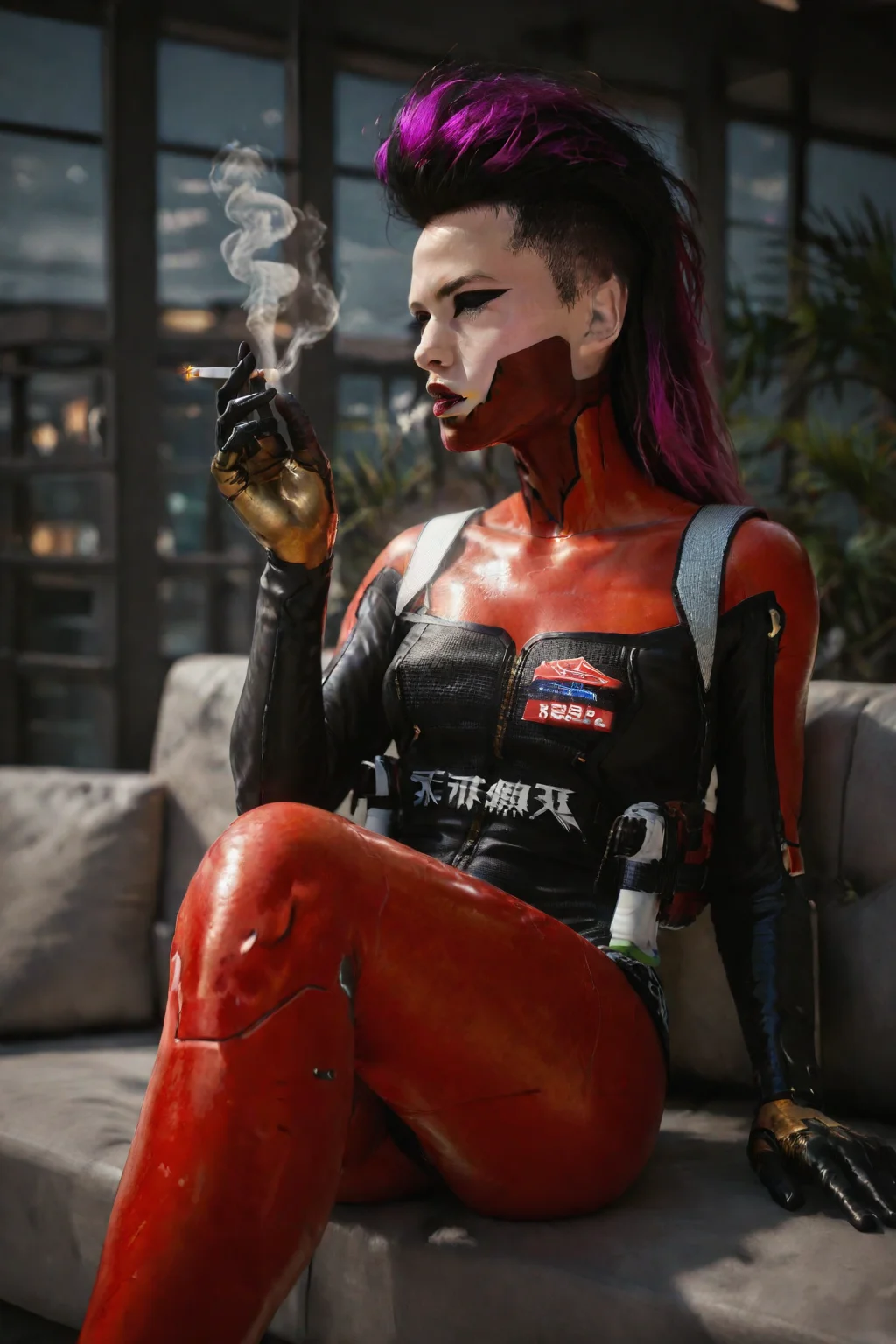 cinematic film still neonpunk style ((Glamour Portrait)),score_9, score_8_up:1.1),score_7_up,1girl, depth of field,
Cyberpunk woman in futuristic red and black bodysuit, sitting casually on ledge at night. Long black hair in high ponytail with shaved sides. Striking makeup with sharp eyeliner and red face paint. Robotic arms and legs visible. Holding lit cigarette in raised hand. Urban nighttime background with neon lights. Confident pose, looking to the side. Sleek, high-tech aesthetic with a mix of shiny and matte textures on the suit. Strong contrast lighting emphasizing red outfit against dark surroundings. 
<lora:cyberpunk_tiger_claws_woman:0.7>
 <lora:d3t41l3dXLP:0.8>d3t41l3d. . cyberpunk, vaporwave, neon, vibes, vibrant, stunningly beautiful, crisp, detailed, sleek, ultramodern, magenta highlights, dark purple shadows, high contrast, cinematic, ultra detailed, intricate, professional . shallow depth of field, vignette, highly detailed, high budget, bokeh, cinemascope, moody, epic, gorgeous, film grain, grainy
