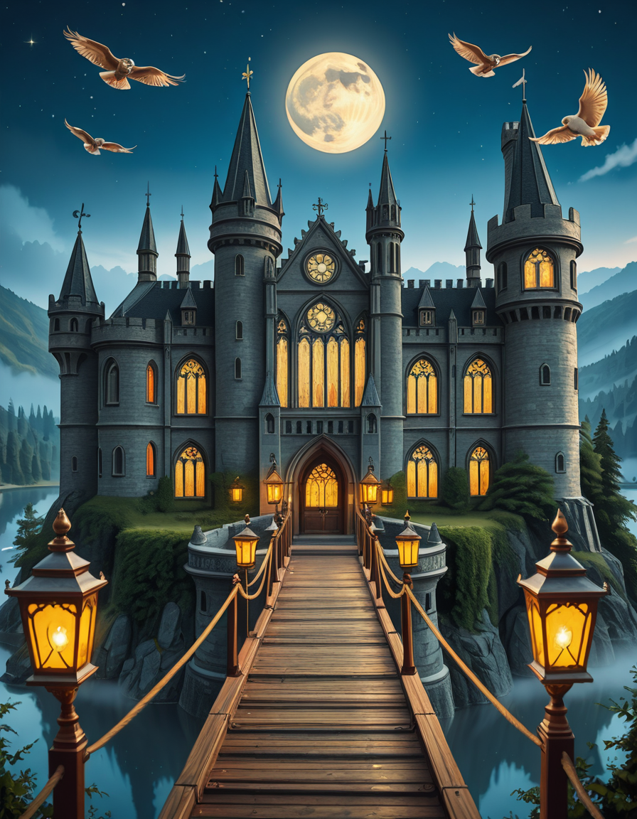 A majestic, ancient castle perched on a rocky hill, serving as a prestigious school for young wizards. The castle is a grand structure with towering spires, intricate gothic architecture, and large stained-glass windows that glow with magical energy. The stone walls are covered in ivy, and enchanted lanterns float around the entrance, casting a soft, mystical glow. A massive wooden bridge leads to the main gate, suspended over a misty, enchanted lake that reflects the moonlight. In the background, rolling green hills and dense, fog-covered forests surround the school, adding an air of mystery. The sky is a deep twilight blue, with stars twinkling and a full moon shining brightly. Some windows in the castle emit warm, golden light, hinting at classrooms filled with spellbooks and students practicing magic. A few owls are seen soaring above, delivering messages. The atmosphere is magical, mysterious, and full of wonder, as if the castle itself is alive with enchantments.
<lora:SDXLFaeTastic2400:0.4> <lora:extremely_detailed:0.4> extremely detailed,ancient c4stl3, <lora:ancient_c4stl3-i:1>, Masterpiece,best quality,hi res,8k,hi res,8k,award winning,(sharp focus, intricate, highly detailed),