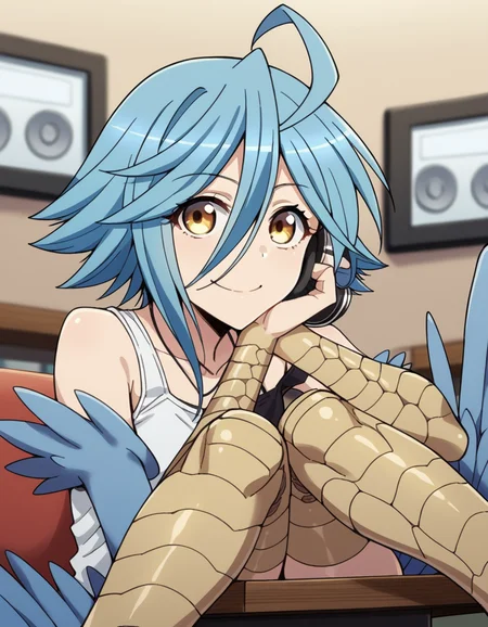 score_9, score_8_up, score_7_up, source_anime, <lora:harpy-papi-s1-ponyxl-lora-nochekaiser:1>, papi, hair between eyes, blue hair, yellow eyes, ahoge, wings, feathers, monster girl, feathered wings, scales, blue wings, harpy, winged arms, talons, bird legs, bare shoulders, shorts, short shorts, tank top, white tank top,, music store, browsing records, headphones, vinyl collection, nostalgic, smile, looking at viewer, sitting, elbow rest, table,, solo,, dutch angle,