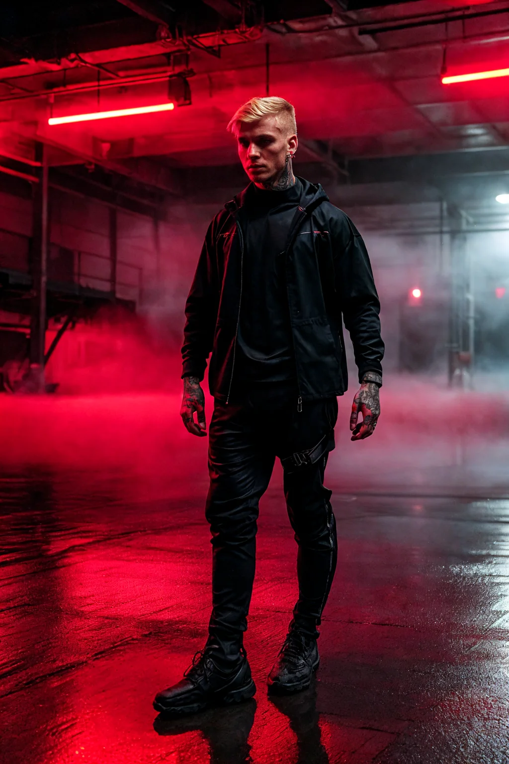 RAW photo, handsome man in dark clothes, techwear, short hair, blonde, tattoos, piercings, muscled, (parking, industrial, wet floor, red lights, volumetric, fog),