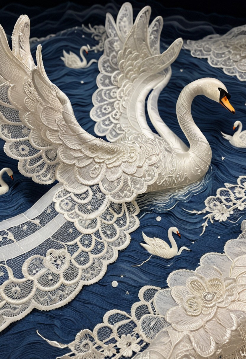 lazypos,high quality,masterpiece,ultra-high resolution,incredible composition,extremely detailed, 
madeoflace, swan gliding across a lake made of soft lace, wings like embroidered silk, creating ripples in a delicate textile world, moonlit glow