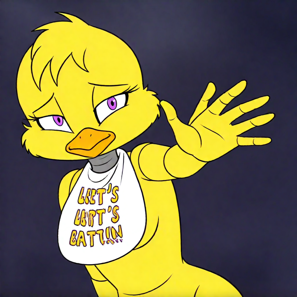 1girl, furry, anthro chicken, beak, yellow skin, chicken legs, purple eyes, ((white bib)),