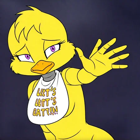 1girl, furry, anthro chicken, beak, yellow skin, chicken legs, purple eyes, ((white bib)),
