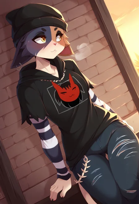 score_9, score_8_up, score_7_up, (by teranen), outdoor, sexy, sweat, dutch angle, looking aside, high quality, hires, solo, detailed background, easynegative, pose, pawpads, (horny), steam,
me0wsklls, furry female, body fur, two-tone fur, cat ears, orang eyes, cat tail, crawls, black beanie, black hoodie, layered sleeves, long over short sleeves, striped sleeves, pants, jeans, torn pants