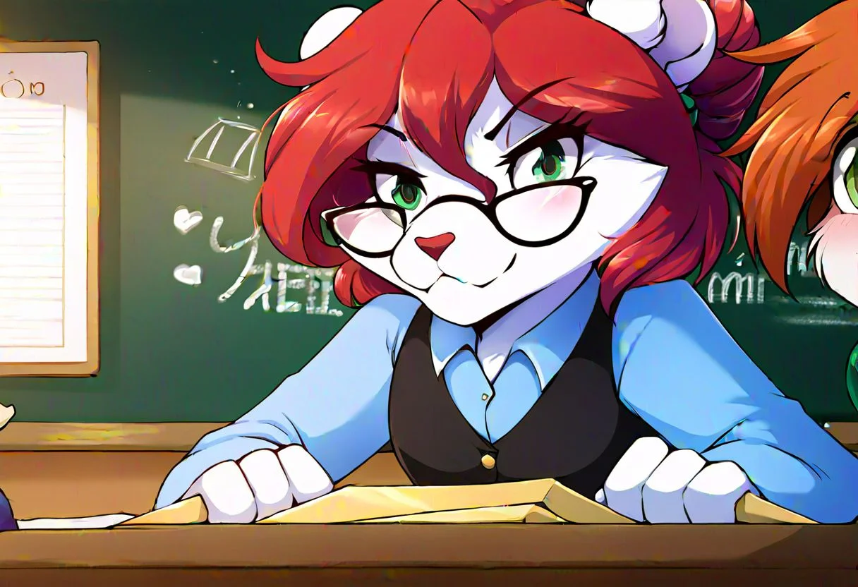 score_9, score_8_up, score_7_up, hi res, source_furry, source_anime, rating_explicit, {best quality, masterpiece:1}, detailed background, indoors, school room, {desk}, {blackboard}, {night}, {depth of field}, POV, 1Girl, solo focus, looking at viewer, detailed hands, tkrose, mammal, white fur, red hair, green eyes, anthro, female anthro, hair in bun, {{{grey streaks in hair}}}, small breasts, standing, {green teacher outfit}, paws, {{{very detailed face}}}, glasses, {{{very detailed pussy}}}, stern expression, holding a ruler, negative_hand