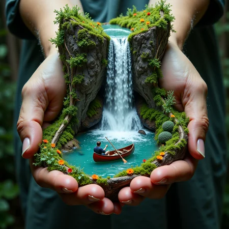 create a 16k resolution, highly detailed and realistic image showing a pair of human hands gently holding a miniaturized lake. On the lake surface, there is a canoe with a fisherman, casting his line leisurely. Above the hands, there is a cliff, and from this majestic height, a roaring waterfall cascades down, seemingly feeding into the lake held within the palms. The entire scene should give off a surreal, magical vibe, creating an illusion that a piece of a beautiful, serene landscape is cradled in human hands