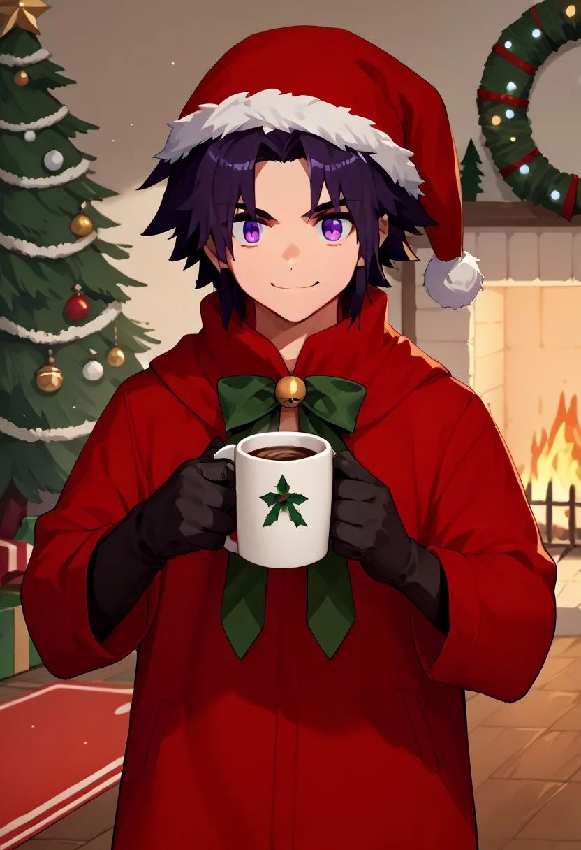 score_9, score_8_up, score_7_up, score_6_up, source_anime, 1girl, solo, 1boy, solo detailed skin,black_gloves,dark_hair,purple eyes,<lora:revin_brenten10:1>,christmas tree, fireplace, cozy, indoors, smile, closed mouth, coffee mug, holding_cup, happy, santa hat, santa costume, red eyes