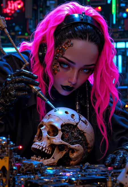a cyberpunk theme. The layout is centered around a female figure with striking neon pink hair, styled in voluminous waves. Her skin is pale, with intricate metallic and circuit-like designs adorning her face, giving a futuristic appearance. She wears black lipstick and dark eye makeup, enhancing her intense gaze. The subject is holding a soldering iron in a gloved hand, poised over a skull embedded with electronic components and wires, suggesting a blend of organic and mechanical elements. The background is filled with blurred, colorful lights and electronic equipment, contributing to the high-tech, dystopian atmosphere. The overall color palette is dominated by neon hues and metallic tones, creating a visually striking and immersive scene. <lora:FluxMythP0rtr4itStyle:0.6> <lora:flux.1_lora_flyway_Epic-Characters_v1:0.6> <lora:Elden_Ring_-_Yoshitaka_Amano:0.33>