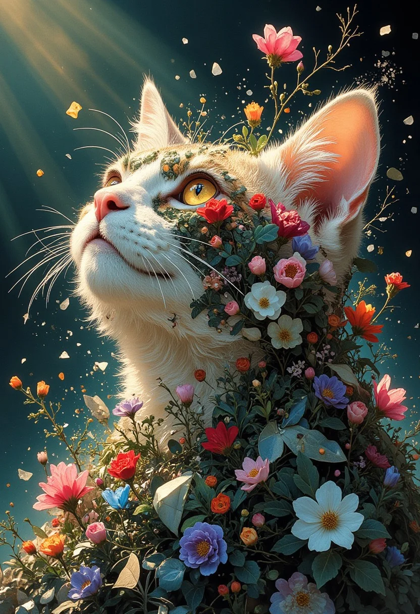 masterpiece, best quality, A hyper-realistic a cat head made of translucent, crystallized material shatters outward, with shards transforming into a burst of vibrant flowers. The flowers are varied in color and species, blooming mid-air as if born from the explosion. crystals. Soft light refracts through the crystal fragments, creating a surreal, dreamlike atmosphere, captures the quiet magic of nature's resilience and the promise of spring, highly detailed, beautiful, vibrant, masterpiece, 32k, ultra HD, ultra-detailed, amazing quality, amazing artist, sharp edges, detailed textures, full view, atmospheric lighting, amazing visuals, An embroidered design Spring atmosphere
