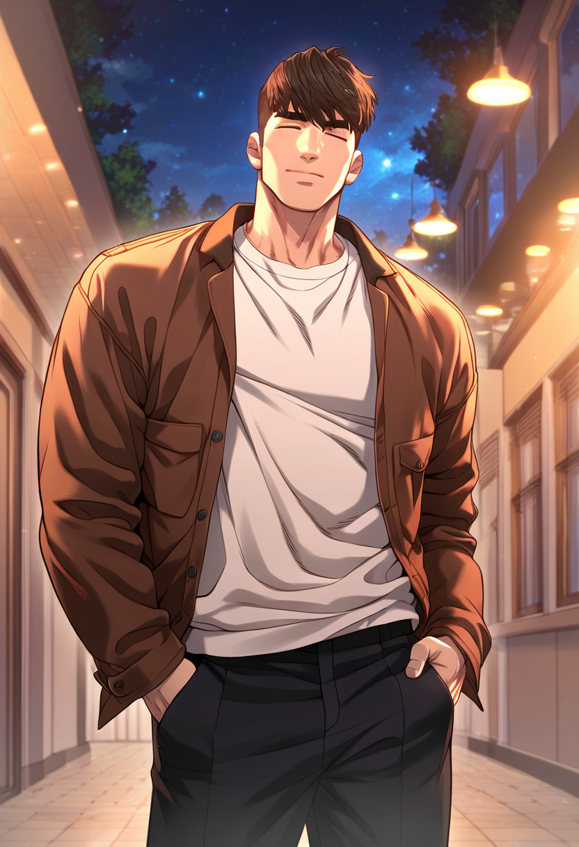 1boy, male focus, solo,
<lora:Character - Questism - Kang_Seok:1> kangseok, short hair, black hair, closed eyes, bara
,((zPDXL)), score_9_up, score_8_up, score_7_up, score_6_up, score_5_up, score_4_up, best quality, amazing quality, best aesthetic, amazing aesthetic, absurdres, year2023, uncensored, very nsfw, official art, official style, depth of field, detailed eye,
night, outdoors, standing, black pants, brown jacket, shirt, courtyard, 
<lora:Style - Expressive_H-000001:1> expressiveh