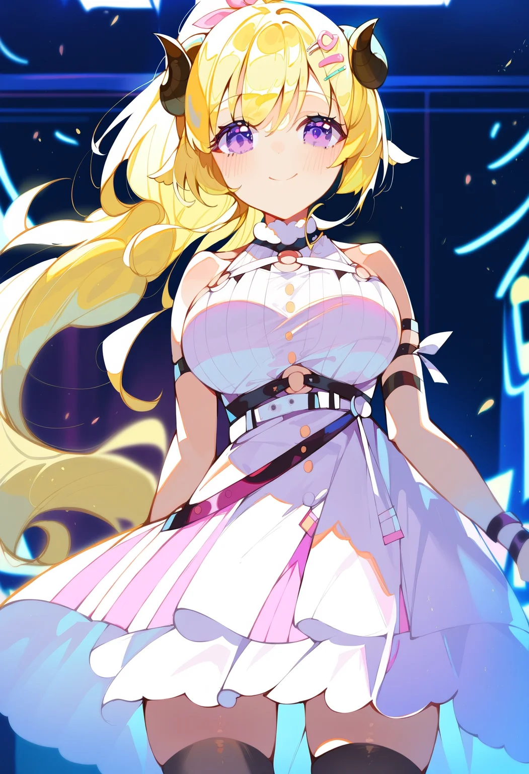 score_9, score_8_up, score_7_up, score_6_up, source anime,
tsunomaki watame, sheep girl, curled sheep horns, 1girl, solo, sheep ears, purple eyes,
blonde hair, very long hair, hair ornament, ponytail, hairclip, ahoge,
large breasts, smile, blush, closed mouth,
white dress, sleeveless dress, white skirt, overskirt, o-ring, white belt, arm strap, thighhighs,
indoors, standing, stage,
tsunomaki fever,
<lora:monmusu_sheep_girl_v14:1>