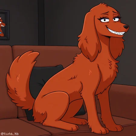 Cherry(HB), Solo, 1girl, feral, dog, Irish setter, red fur, long ears, dog tail, black eyes, eyelashes, full body, looking at viewer, smile, evil grin, sitting on couch, living room background,