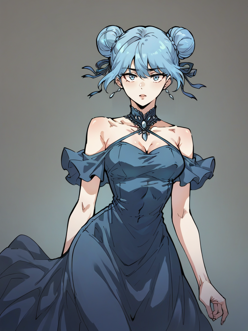 score_9, score_8_up, score_7_up, score_6_up, score_5_up, wthi, 1girl, blue hair, double bun, velvet dress,  <lora:wthiXLP2:0.8>
