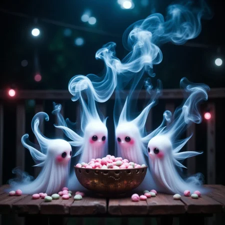 core_9,score_8_up,score_7_up,score_6_up, professional, high quality, super cute, kawaii, 8k, adorable, Ghostlystyle, BREAK smoke in the shape of small fairy's working together to take candy out of a candy bowl on a deck outside, night time,