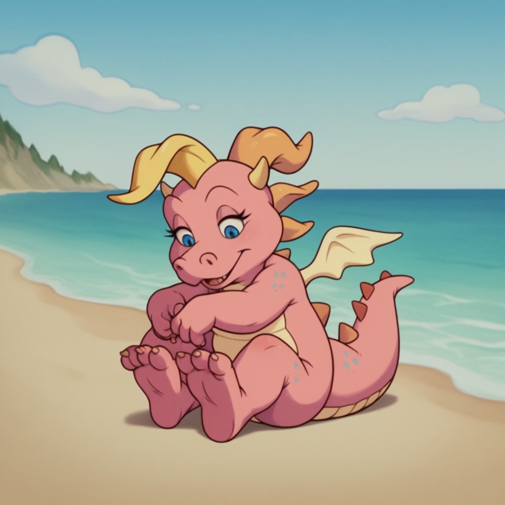 score_9, score_8_up, score_7_up, score_6_up, score_5_up, score_4_up, source_furry, CassieDT, semi-anthro, female, dragon, pink skin, horns, wings, sitting, on beach, holding feet