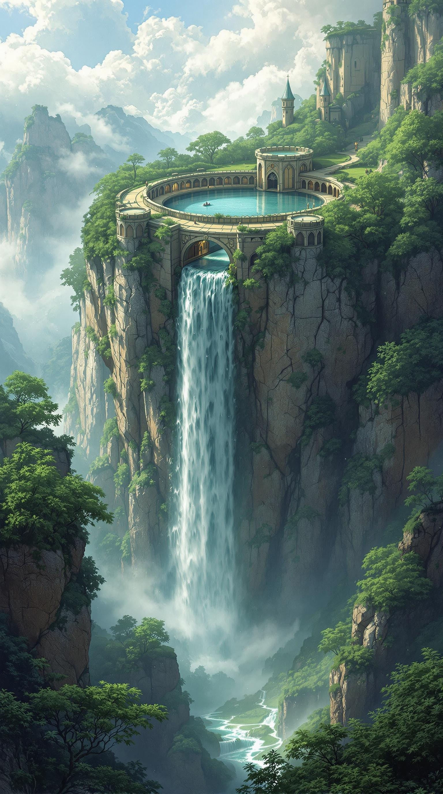 A beautiful expressive painting. This is a highly detailed, digitally rendered fantasy landscape featuring a majestic, circular stone structure perched atop a towering cliff. The structure, resembling a medieval castle, has an open central courtyard surrounded by lush greenery. A cascading waterfall plunges down the sheer rock face, creating a misty veil that adds to the ethereal atmosphere. The sky above is partially obscured by soft, wispy clouds, casting a gentle, diffused light over the scene. The image is captured from a slightly elevated angle, providing a grand view of the structure and its natural surroundings. The aesthetic quality of the image is very high, with a rich palette of greens, browns, and blues that evoke a sense of wonder and tranquility, film grain., highly detailed, beautiful, vibrant, masterpiece, 32k, ultra HD, ultra-detailed, amazing quality, amazing artist, sharp edges, detailed textures, full view, atmospheric lighting, amazing visuals