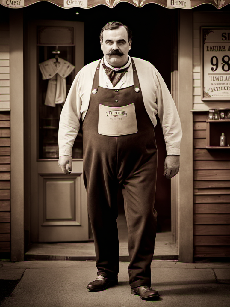 cinematic photo walking, happy victorian butcher(1 man:1.3) corpulent James Braun with moustache <lora:BarnumAtelier-SDXLa:1> portrait, full-body, detailed skin, skin imperfections, skin pores, butchershop, sepia . 35mm photograph, film, bokeh, professional, 4k, highly detailed