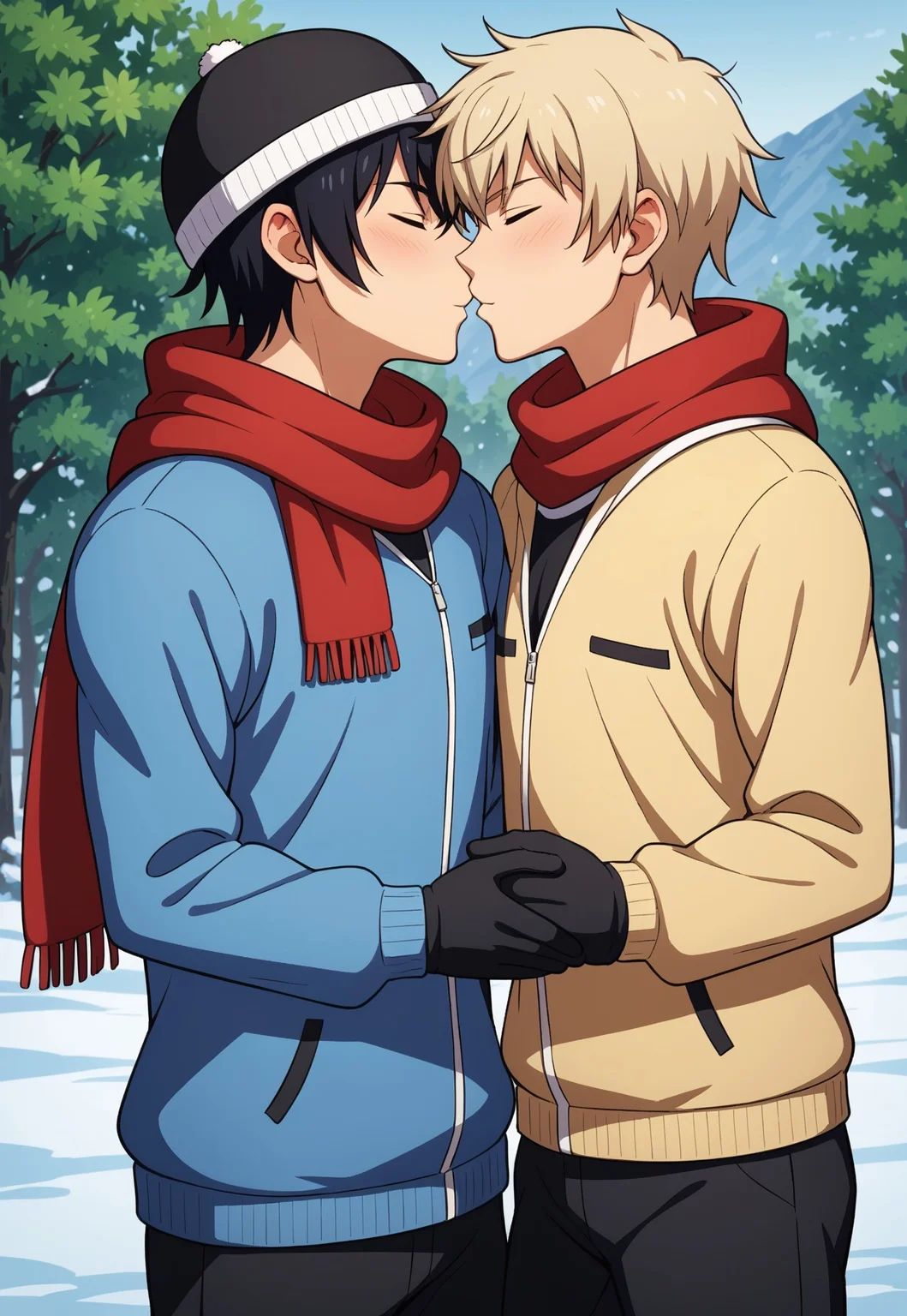 score_9, score_8_up, score_7_up, source_anime, cowboy shot, 2boys, male focus, BREAK, ( ein_dalton, eyes closed, black hair, ) is kissing ( hush_middy, eyes closed, light blond hair, ), warm sweater, ski cap, scarf, mittens, BREAK, winter snowscape,