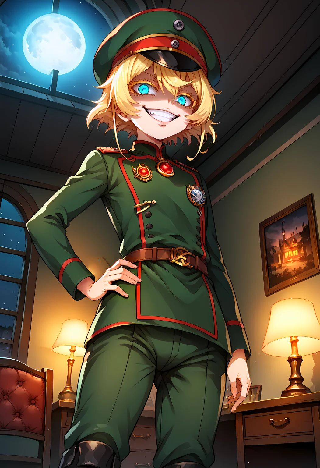score_9, score_8_up, score_7_up, zPDXL, source_anime, anime screencap, detailed beautiful eyes, beautiful detailed face, wallpaper, 1girl, solo, <lora:TanyaPonyV2:1>, TanyaDegurechaff, gesugao, evil grin, shaded face, blue eyes, manga eyes, glowing eyes, blonde hair, short hair, bangs, hair between eyes, eyelashes, blonde eyelashes, tunic, military cap, military uniform, gem, belt, pants, boots, perfect hands, detailed hands, hand on hip, standing, looking at viewer, facing viewer, low angle shot, <lora:gesugao_v1_unpruned:0.6>, indoors, night, dark shading, moon, european architecture, royal interior, windows, desk, lamp, <lora:Pony_DetailV2.0:2>,