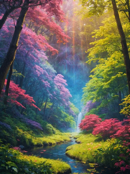 A photo of A serene glade where the air itself shimmers with the colors of the rainbow, creating a vibrant, magical atmosphere that envelops everything.