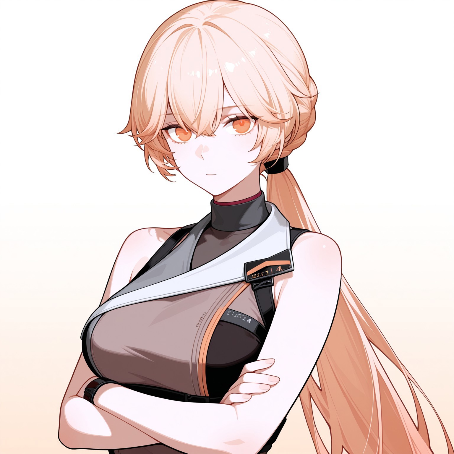 masterpiece, best quality, good quality, very aesthetic, absurdres, newest, 8K, focused subject BREAK 1girl, ots-14 \(girls' frontline\), ponytail, orange eyes, blonde hair, elmodorm, sleeveless, zipper, black turtleneck, grey shirt, crossed arms, arms under breasts, looking at viewer, expressionless
