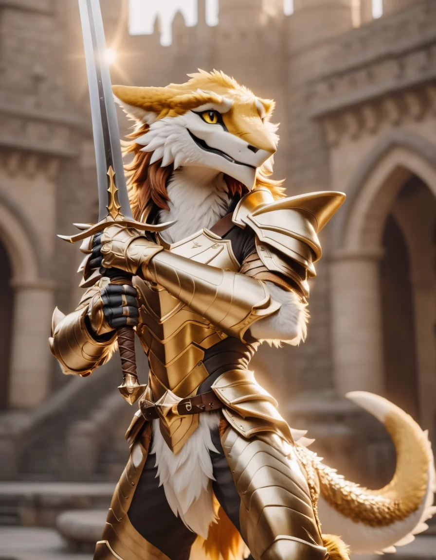 cinematic photo a luxuriously fluffy golden sergal wearing paladin armor and holding aloft a shining sword<lora:Sergal-XL-1.0-000014:1> . 35mm photograph, film, bokeh, professional, 4k, highly detailed