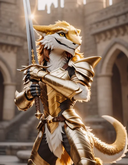 cinematic photo a luxuriously fluffy golden sergal wearing paladin armor and holding aloft a shining sword<lora:Sergal-XL-1.0-000014:1> . 35mm photograph, film, bokeh, professional, 4k, highly detailed