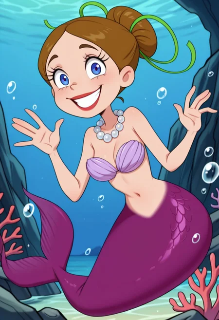 detailed background, solo, 1girl, FtpdMermaid, mermaid, red lipstick, brown hair in a bun, green hair tie, pearl necklace, purple shell bra, purple mermaid tail, smiling, (((expressive))), waving to viewer, head movement, tail shown, solo, ((body movement, hand movement)), underwater, sea life, coral, detailed sea scenery, bubbles, detailed scenery, masterpiece, best quality, amazing quality, absurdres, newest, high res, ultra detailed, best quality, best artwork, detailed eyes, (eyes focus), perfect eyes, big iris, pupils visible, 4k, ultra quality, perfect face
