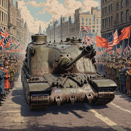 A meticulously polished trtsetnk tank parading through the streets of London, adorned with flags and surrounded by cheering crowds. Historic buildings and monuments provide a grand backdrop, celebrating the tank's service and technological achievement. ((pulp_comic, heavy_lines, hand_drawn, hand_inked, hand_colored, perfect_face, apxlz))