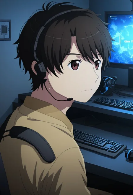 high resolution, solo, best quality, 1Boy, Inaho Kaizuka, Black Hair, Brown Eyes, gamer, bedroom, night, pc, sit, headset, potrait, OverallDetail