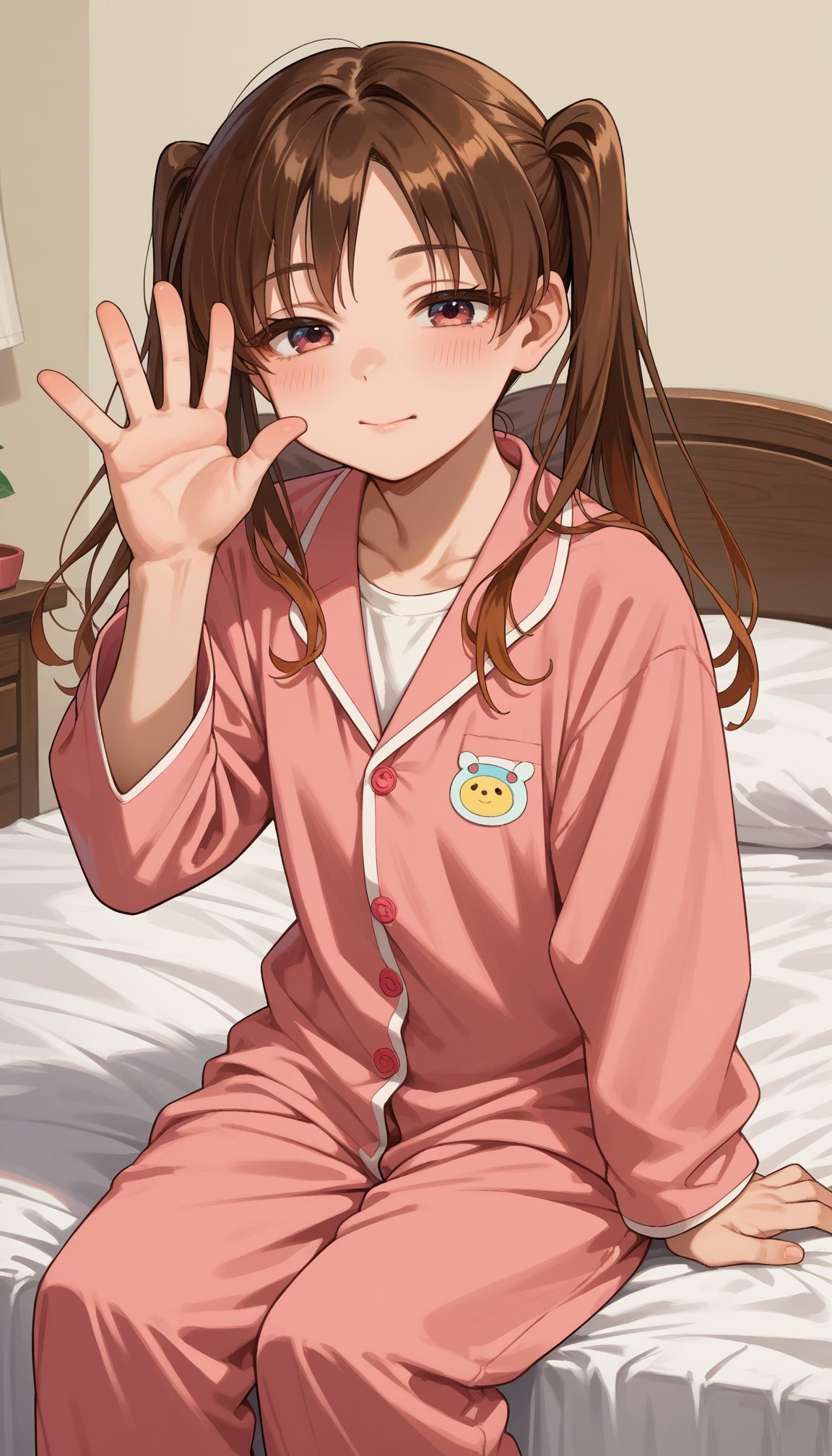 score_9, score_8_up, score_7_up, source_anime,
 <lora:Ootsuki Yoyoko:0.9> ootsuki_yoyoko, 1girl, , long hair, brown hair, twintails, half-closed eyes, pajama,, sitting on bed, indian style, indoor, waving hands
