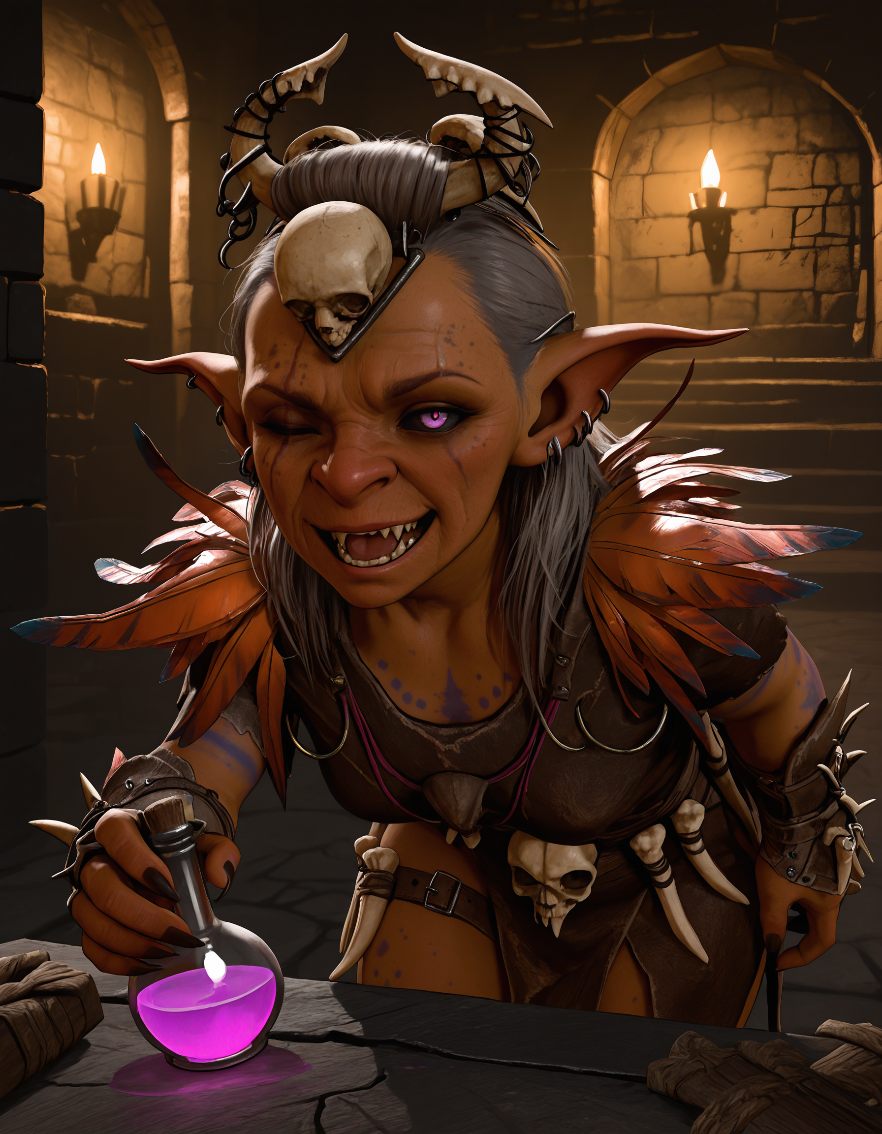 masterpiece, best quality, amazing quality, very aesthetic, absurdres, newest, volumetric lighting, <lora:BG3_PriestessGutGT:0.85>, bg3truesoulgut, (shortstack:1.3), indoors, dungeon,
1girl, female goblin, mature female, colored skin, scar on face, right eye closed, grey hair, pointy ears, black sclera, purple eyes, hair slicked back, small breasts, ear piercing, earrings, scar on right eye, skull hair ornament, bone hair ornament, blue tattoos, patchwork clothing, shoulder feathers, bone gauntlets, bone belt, leaning forward, open mouth, evil smile, teeth, holding potion, looking at viewer,