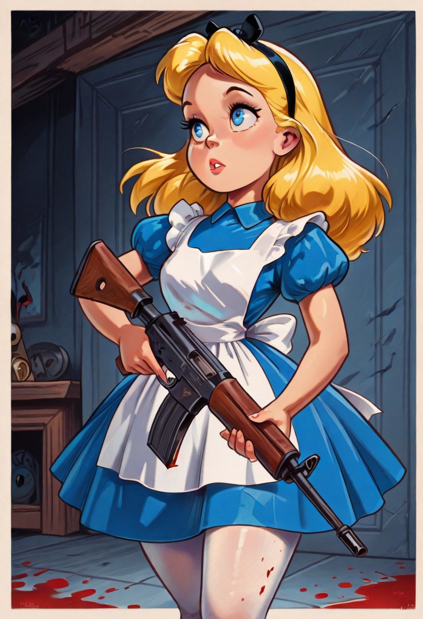 masterpiece, best quality, newest, absurdres, highres, AliceWaifu, blonde hair, blue eyes, white apron, blue dress, puffy sleeves, white pantyhose, hairband, blood splatter, weapon, rifle, assault rifle, holding, holding rifle, VintageComix, vintage, retro aesthetic, comic art