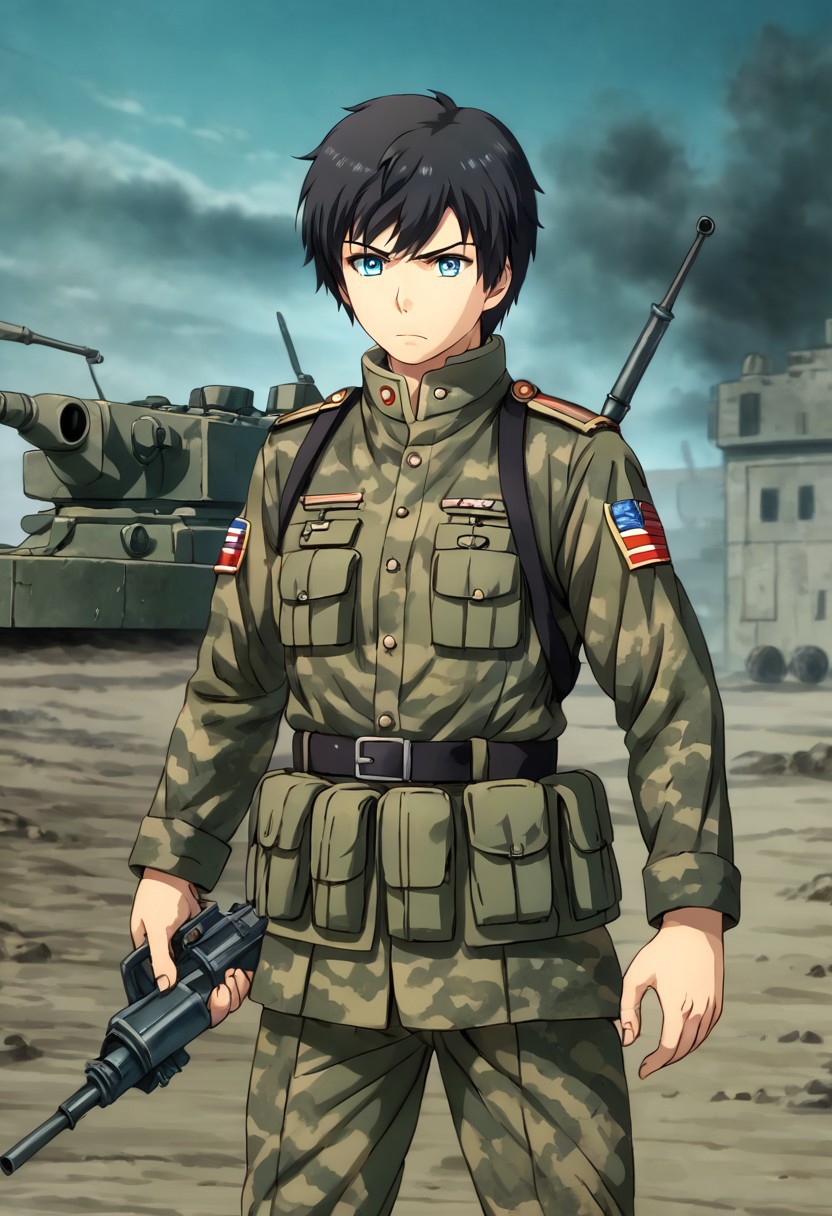 high resolution, solo, best quality, 1Boy, Arata Kaziaki, Black Hair, Blue Eyes, military uniform, military action, battlefield, holding a weapon,