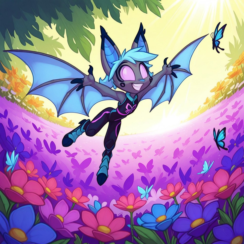 Dreamkeepers,1girl,Prelude_Vanth,solo,furry,source_furry,blue hair,wings,furry,bat wings,
child, kid, 
butterfly, reaching out, outdoors, spring, flowers, smiling, gentle breeze, warm colors, soft shading, dreamy, nature, stands in a flower-filled meadow, reaching out with both hands to gently catch a butterfly. Her expression is full of wonder as the tiny creature flutters just beyond her grasp, bathed in soft sunlight