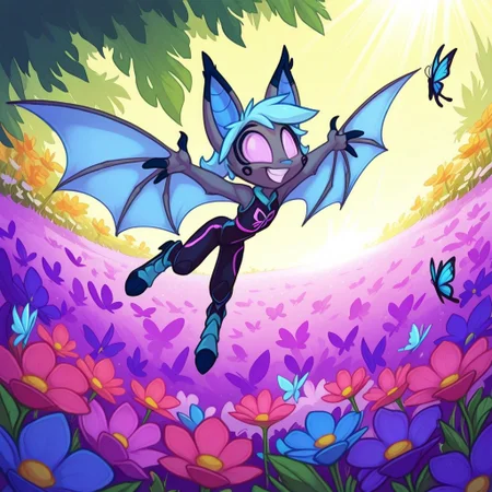 Dreamkeepers,1girl,Prelude_Vanth,solo,furry,source_furry,blue hair,wings,furry,bat wings,
child, kid,
butterfly, reaching out, outdoors, spring, flowers, smiling, gentle breeze, warm colors, soft shading, dreamy, nature, stands in a flower-filled meadow, reaching out with both hands to gently catch a butterfly. Her expression is full of wonder as the tiny creature flutters just beyond her grasp, bathed in soft sunlight