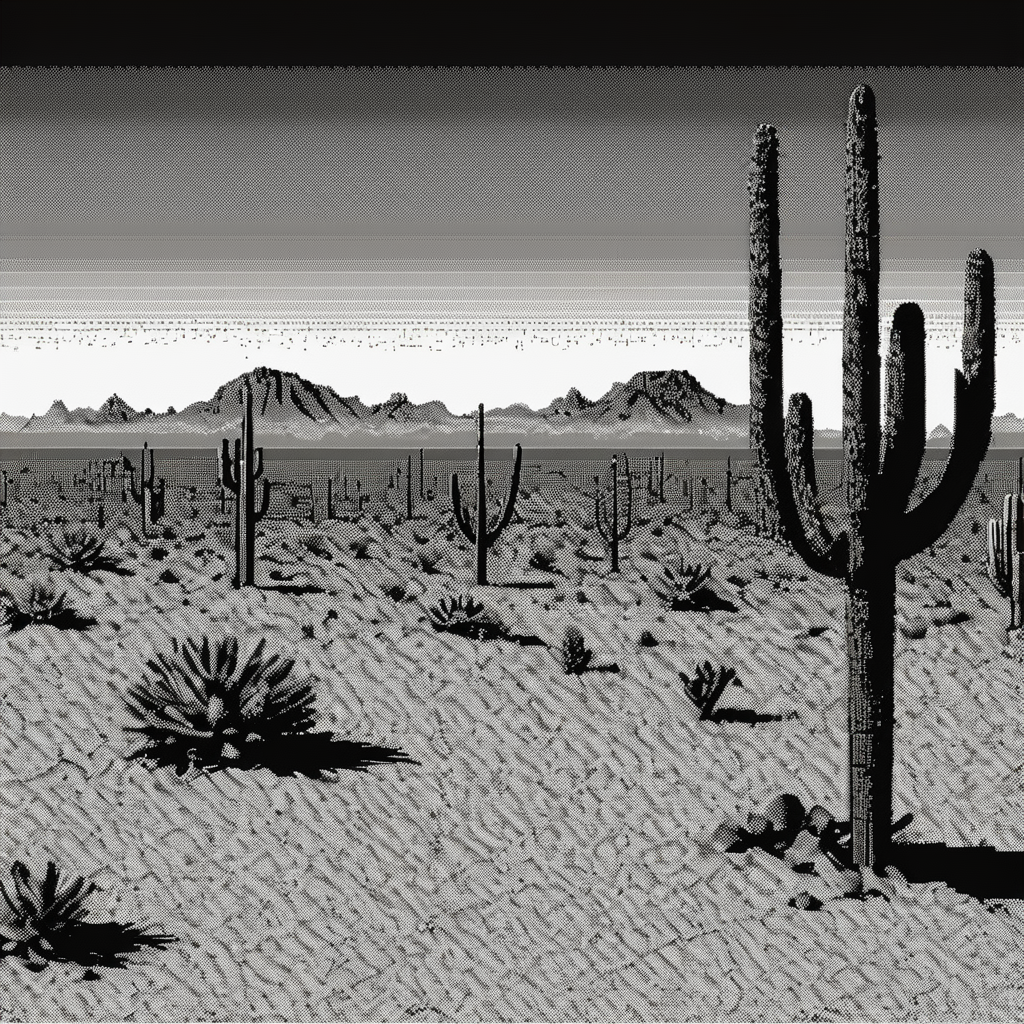 <lora:Macpaint-XL-000015:0.9>, Macpaint, black and white pixel image of the desert, pixel art, best quality, 80s, minimalist, dithering, retro