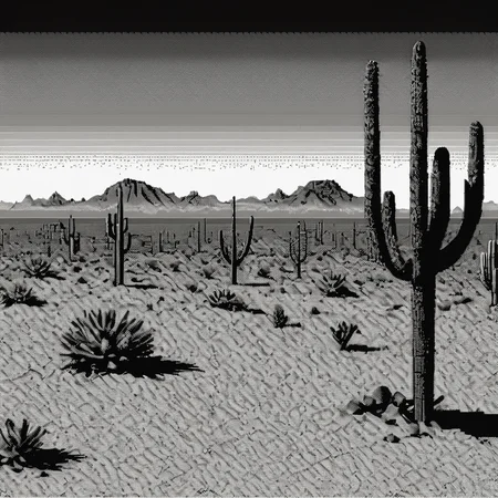 <lora:Macpaint-XL-000015:0.9>, Macpaint, black and white pixel image of the desert, pixel art, best quality, 80s, minimalist, dithering, retro