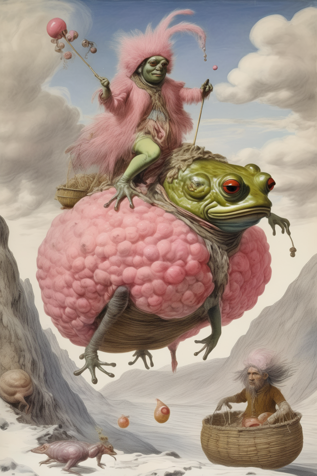 <lora:Richard Dadd Style:1>by Richard Dadd Style - Hi - resolution highly detailed colour sketches, drawings and ideas for the 1960s British Surrealist film ' the dream of a peasant bubblegum candyfloss tree frog rat shaman woman riding a guant walrus through the snowy mountains, dressed in witchetty grub running bubblegum snails waterfall water snail snails woven into clothing and giant roughly woven wicker baskets of strange and exotic animals and wonderful furs' wearing an ancient iron cage covering in a torrential rain thunderstorm on the flooded Pennine, moors during a storm, blue sky revealed through storm clouds, highly detailed, photorealistic, ultra detailed, 8K