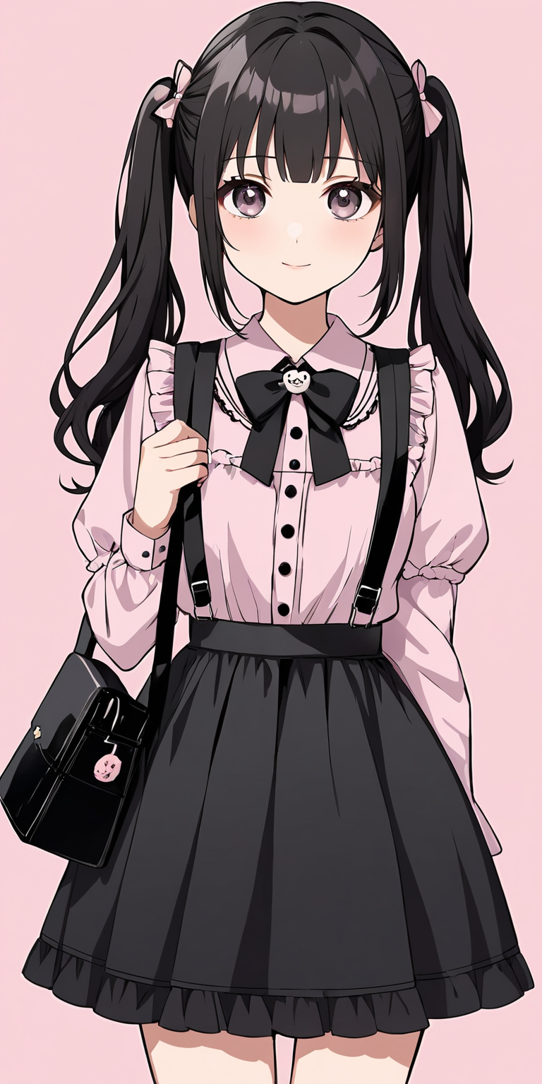 (masterpiece,ultra-detailed,best quality,8K,illustration:1),(cute face,clean skin ,shiny hair,girl,ultra-detailed-eyes:1.1),simple background, <lora:add-detail-xl:1>,  <lora:jirai kei_XL_V1.0:1> jirai kei, black hair, bow, twintails, bag