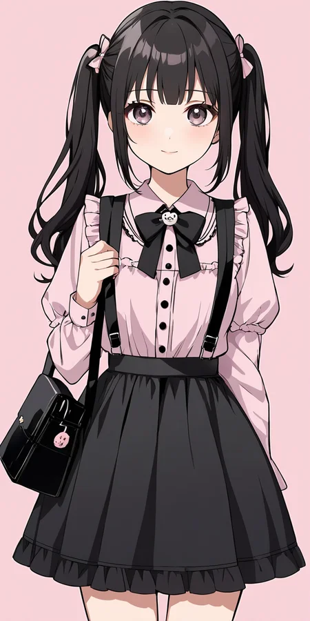 (masterpiece,ultra-detailed,best quality,8K,illustration:1),(cute face,clean skin ,shiny hair,girl,ultra-detailed-eyes:1.1),simple background, <lora:add-detail-xl:1>, <lora:jirai kei_XL_V1.0:1> jirai kei, black hair, bow, twintails, bag