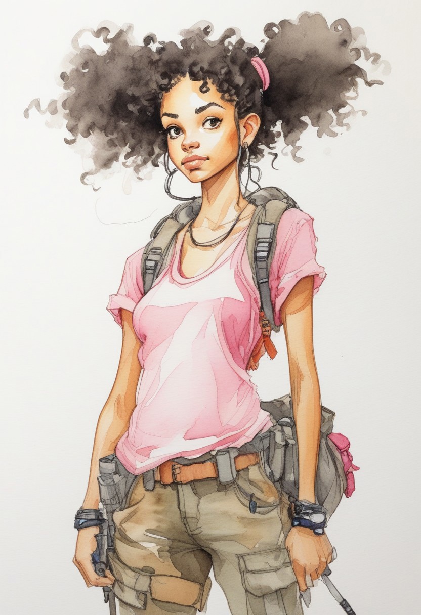 score_9, watercolor sketch,  A full-body sketch of an anime character in the style of Studio Ghibli. She is young and happy, with big, curly hair tied back tightly at the top and hanging loose below. She is wearing hiking boots and baggy cargo pants made from thick, woven fabric. Her backpack has many pouches on it, and she carries two long sticks as weapons. The background is white, with simple lines and low detail, and no shading., This is a sci-fi fantasy concept style illustration, pink nipples, nipple rings with bold ink lines on a white background