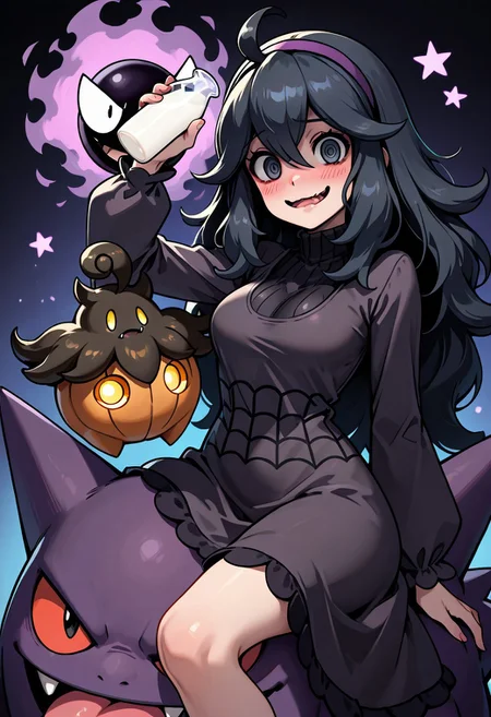 masterpiece, best quality, 1girl, solo, eyelashes, (beautiful eyes),   
 gastly, gengar, haunter, hex maniac (pokemon), pumpkaboo, nintendo, pokemon, pokemon xy, commentary, english commentary, highres, 1girl, @ @, ahoge, arm up, black dress, black eyes, black hair, blush, bottle, breasts, dress, fangs, gen 1 pokemon, gen 3 pokemon, gen 4 pokemon, gen 6 pokemon, grin, hair between eyes, hairband, holding, holding bottle, holding poke ball, long hair, long sleeves, messy hair, milk, milk bottle, moomoo milk, open mouth, poke ball, poke ball (basic), pokemon (creature), riding, riding pokemon, sitting, smile, star (symbol), tongue, tongue out, wavy mouth, looking at viewer,
