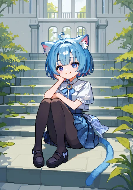 (1girl:1.2),best quality,amazing quality,very aesthetic,absurdres,official art,intricate details,hyperdetailed,BRAKE,
pixel_art,cat ears,<lora:Pixel_ArtPony:0.9>,blue hair,skirt,black pantyhose,sitting on sofa,full body,stairs,happy smile,
