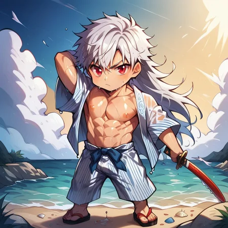 score_9, score_8_up, score_7_up, score_6_up, masterpiece, uncensored, best quality, amazing quality, best aesthetic, absurdres, intricate details, source_anime, yaoi, gay, full body BREAK 1boy, 18 years old, white hair, long hair, bangs, red eyes, pecs, nipples, sweat, wet, yukata, sandal, revealing clothes BREAK dynamic pose, determined, looking at viewer, holding, katana BREAK outdoors, beach, seaside village, fishing boat, ch3b3sq4at