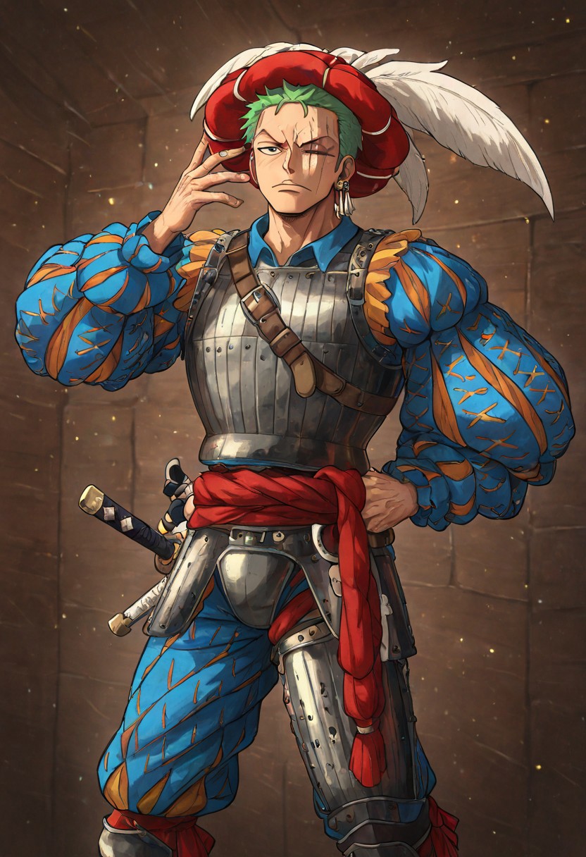 masterpiece, best quality, newest, absurdres, highres, anime, anime style,
LKAV1.0, landsknecht, armor, belt, breastplate, chaperon hat, faulds, asymmetrical legwear, asymmetrical armor, puffy sleeves, puffy pants,
1boy, Zoro \(one piece\), green hair, one closed eye, one eye open, scar over eye,