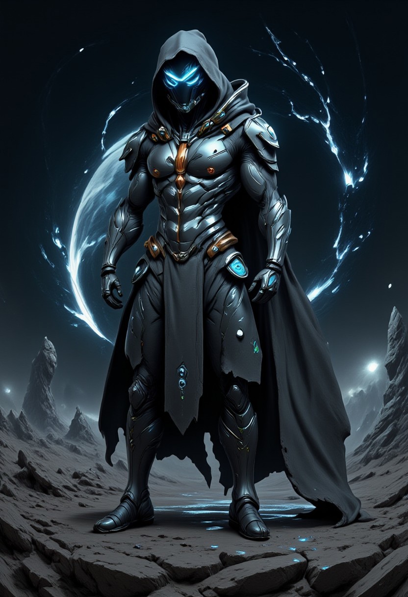rugged and battle-hardened human ranger, stands in a desolate alien landscape under a starry sky. He wears futuristic tactical armor with a weathered cloak draped over his shoulders, holding a high-tech bow glowing with energy. His expression is focused and determined, as if he's on the hunt for dark creatures. Behind him, the ruins of an ancient temple rise from the ground, while distant planets and stars shine in the background